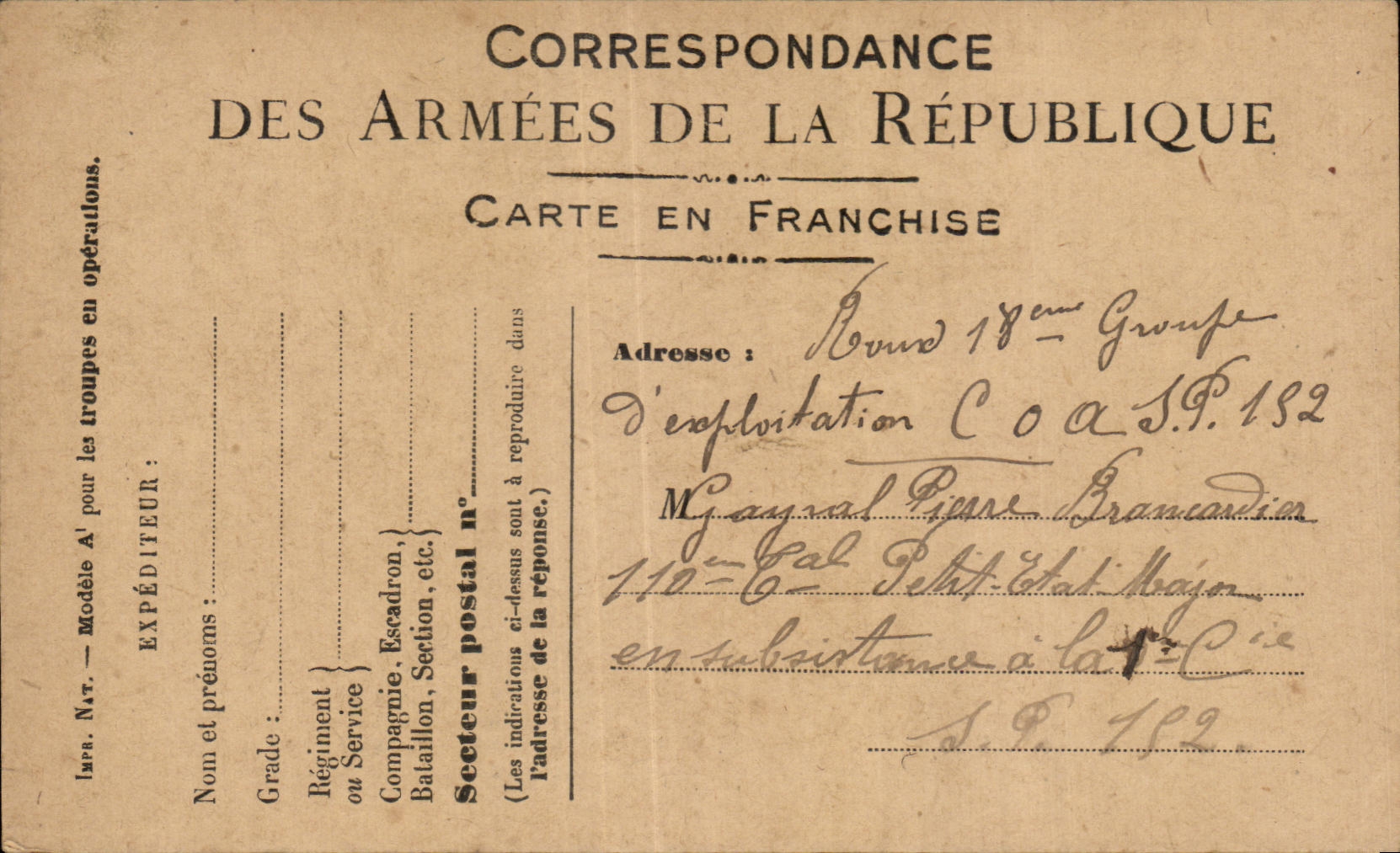Carte de Franchise Militaire Gayral Brancardier 