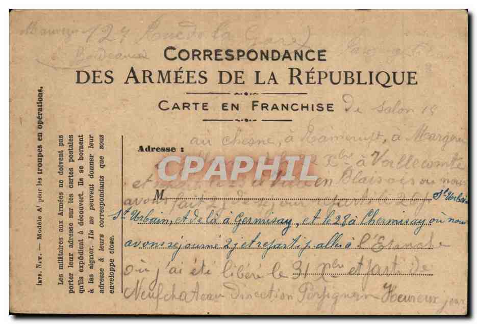 Carte de Franchise Militaire Chemisay Germisay St Urbain 