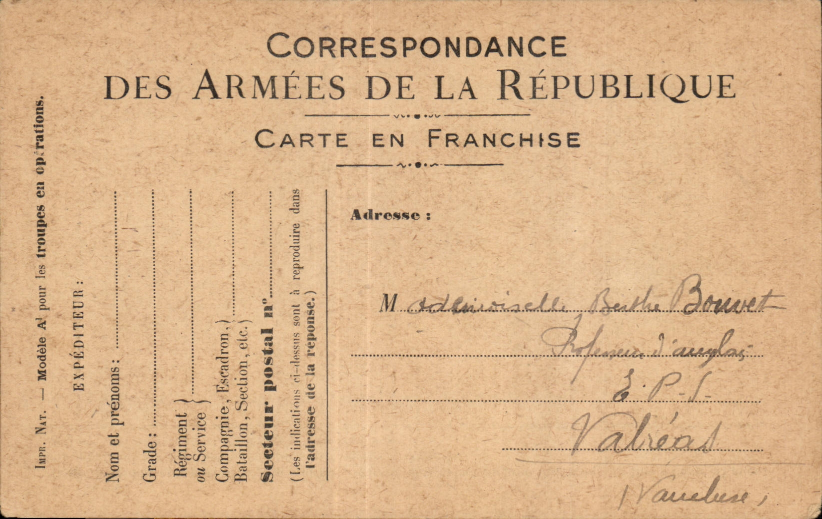 Carte de Franchise Militaire Bouvet Valreas