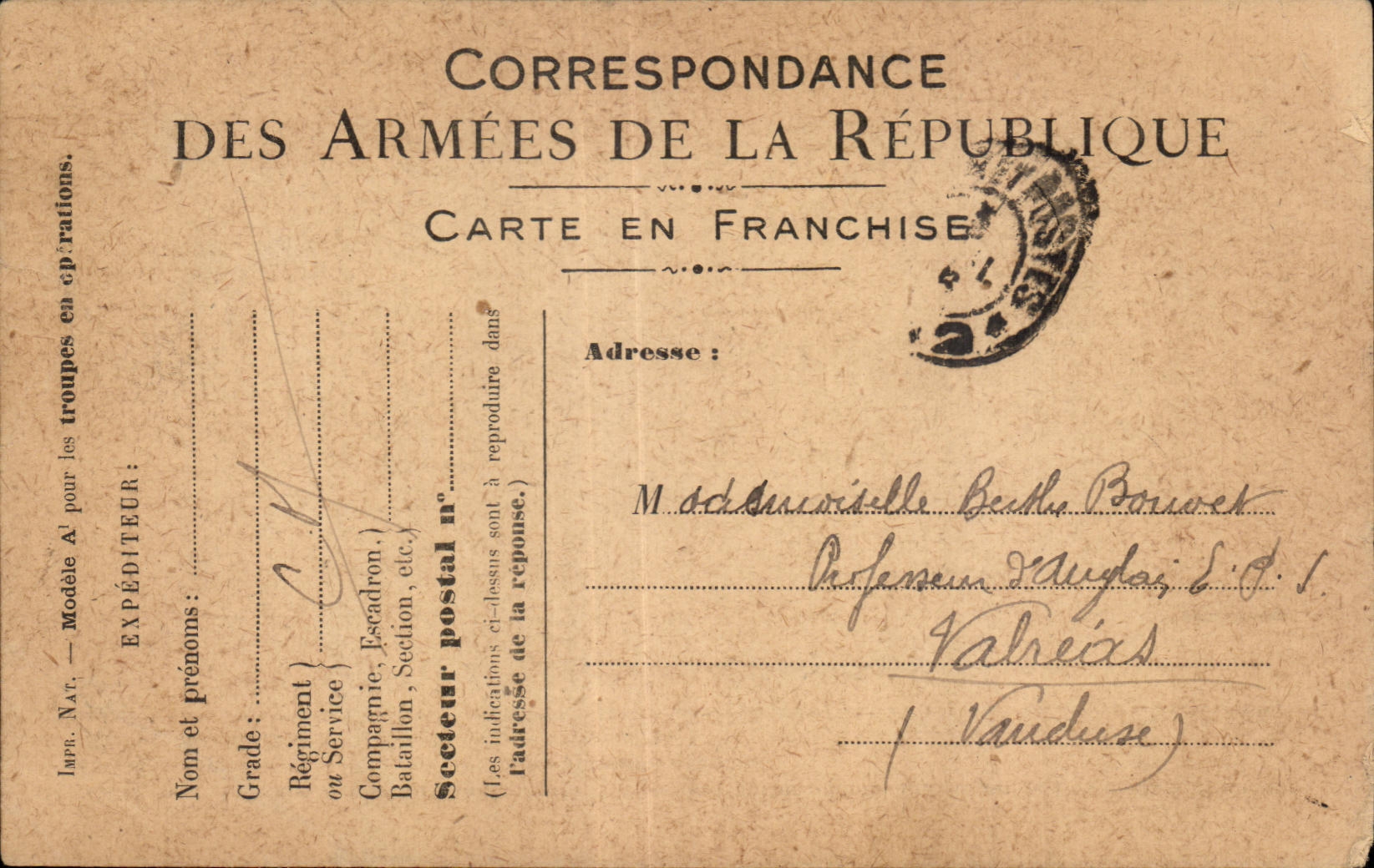 Correspondance des Armées de la République — Carte en franchise — datée 30 juin 1916 — destinée à Madame Belle Bouvet à Valréas (Vaucluse)