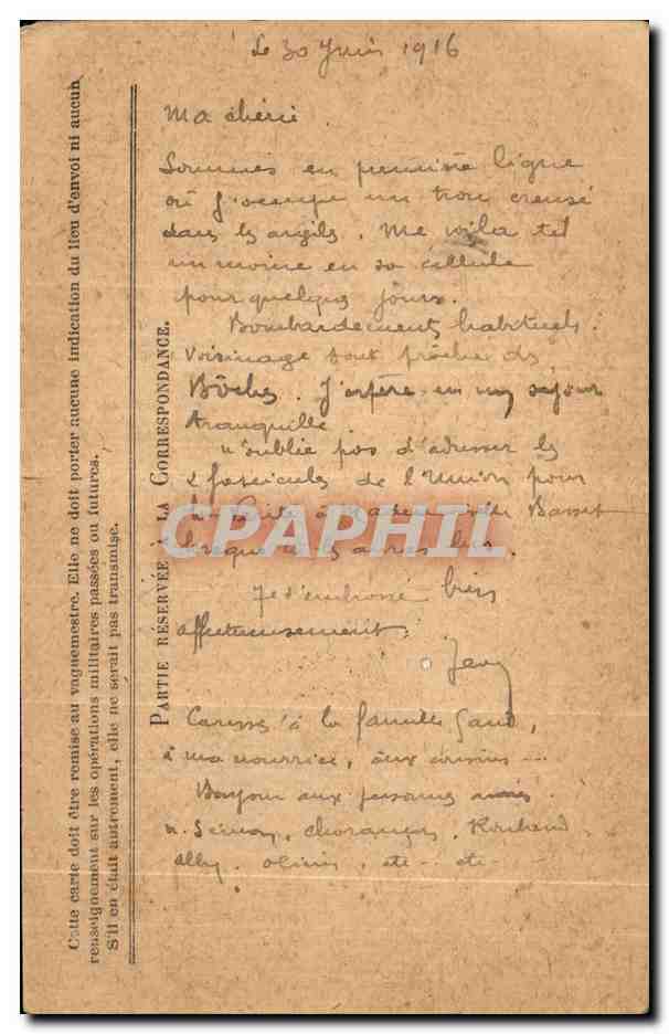Correspondance des Armées de la République — Carte en franchise — datée 30 juin 1916 — destinée à Madame Belle Bouvet à Valréas (Vaucluse) — Rückseite