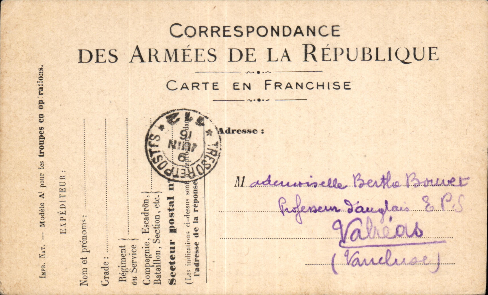 Carte de Franchise Militaire Bouvet Valreas