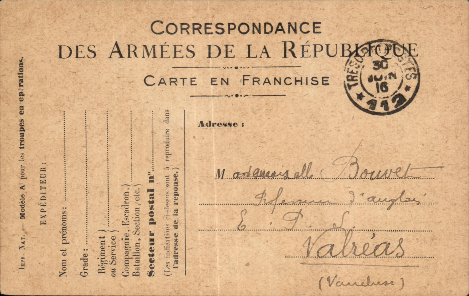 Correspondance des Armées de la République — Carte en franchise — Tresmes, 30 juin 1916