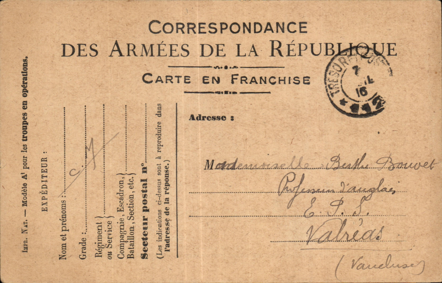 Carte de Franchise Militaire Bouvet Valreas