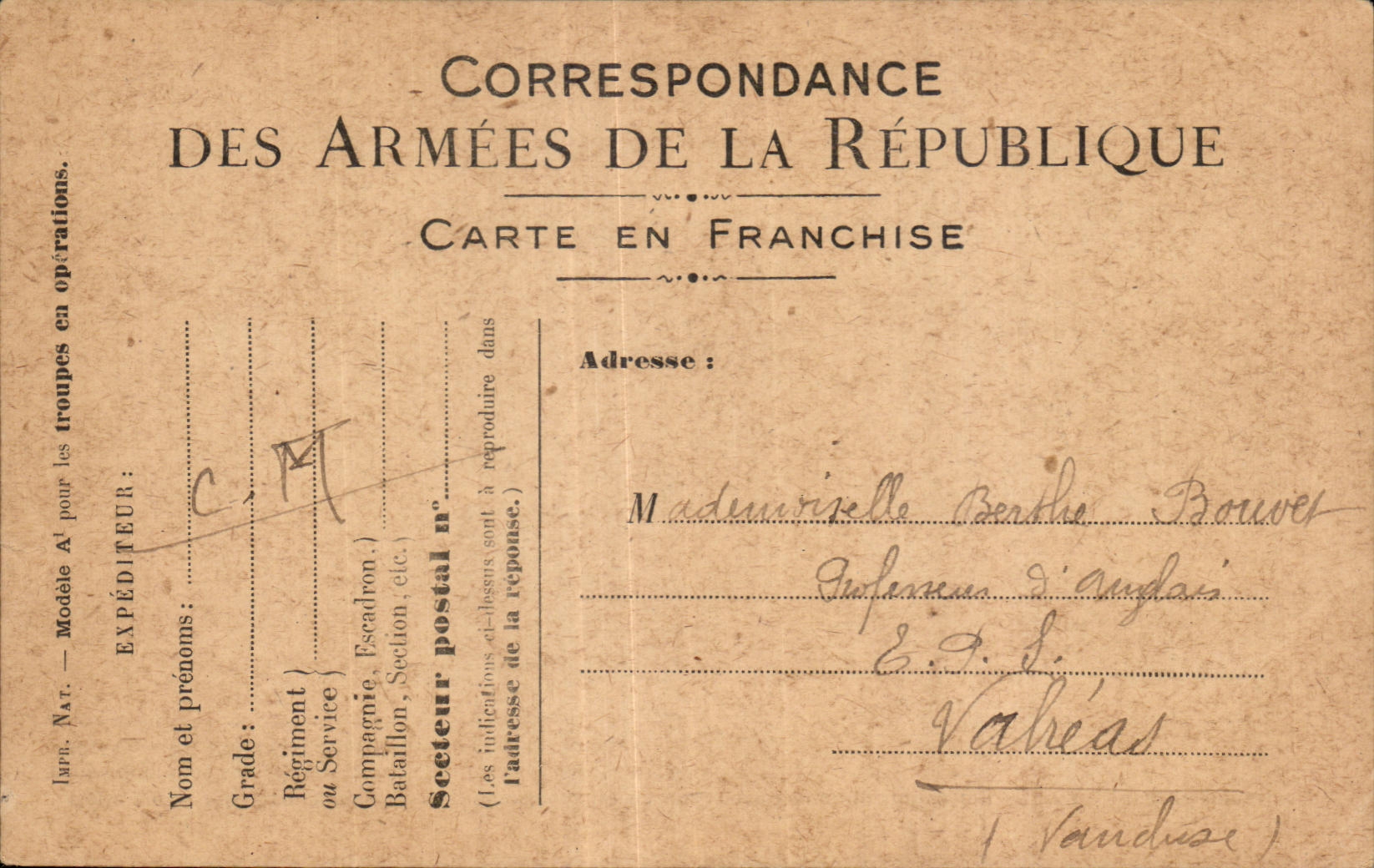 Carte de Franchise Militaire Bouvet Valreas