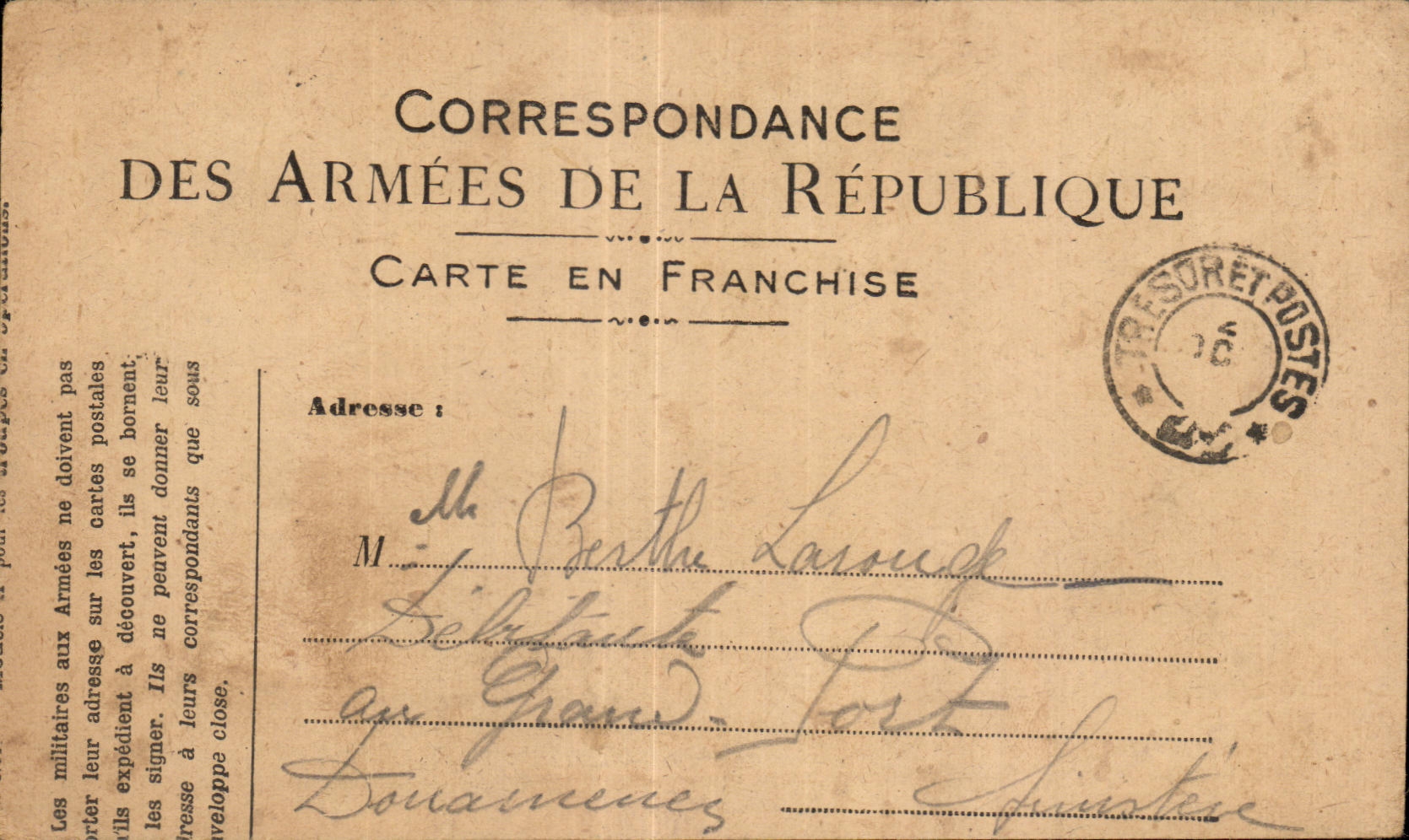 Carte de Franchise Militaire Larouge Douarnenez