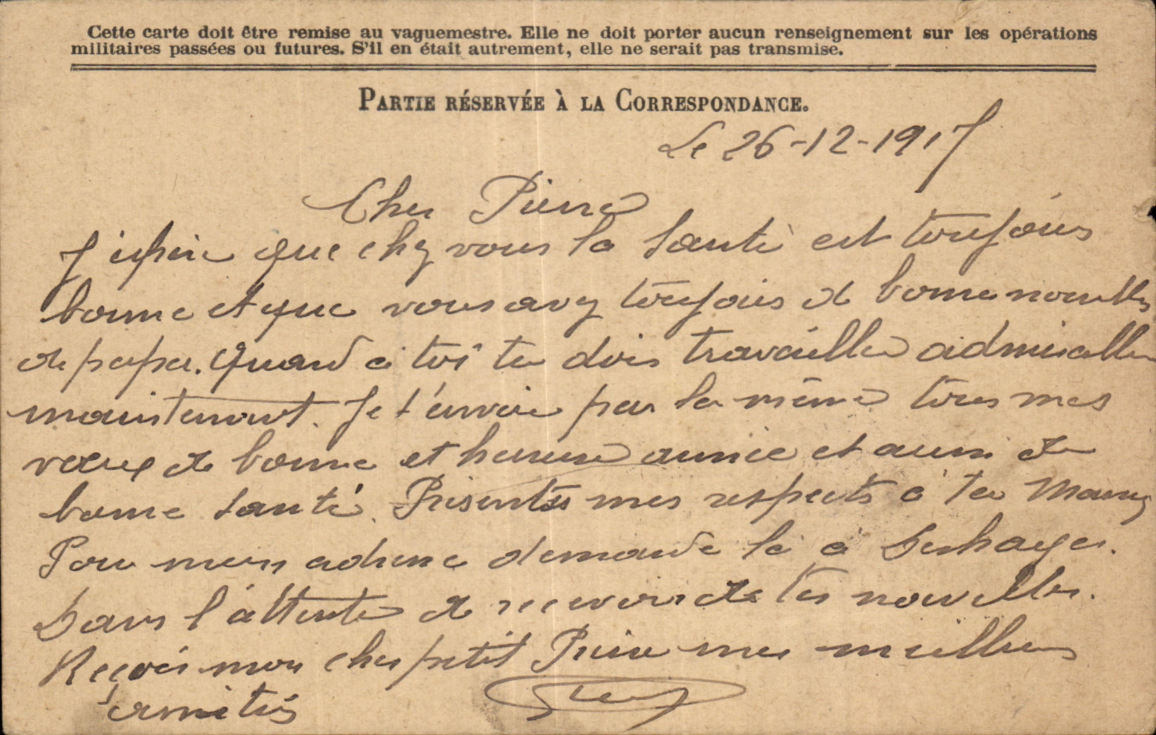 Carte de Franchise Militaire Pierre Louis Orleans 
