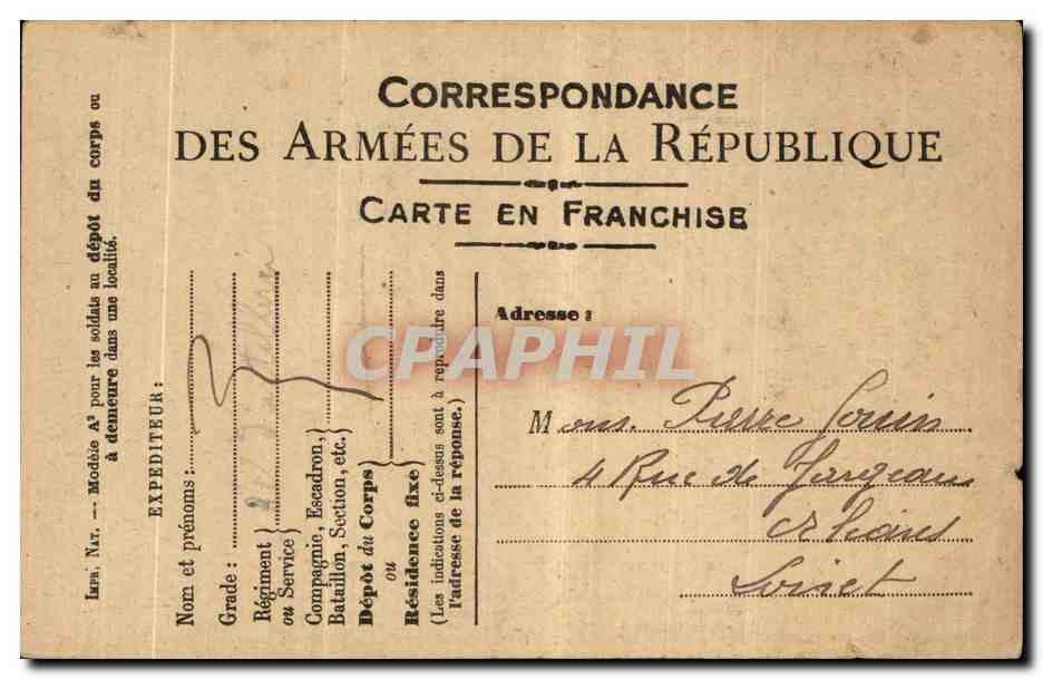 Carte de Franchise Militaire Pierre Louis Orleans  — Rückseite