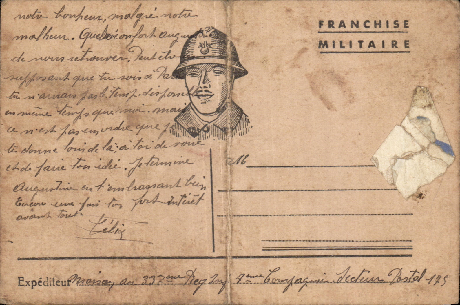 Carte de Franchise Militaire Poilu Militaria
