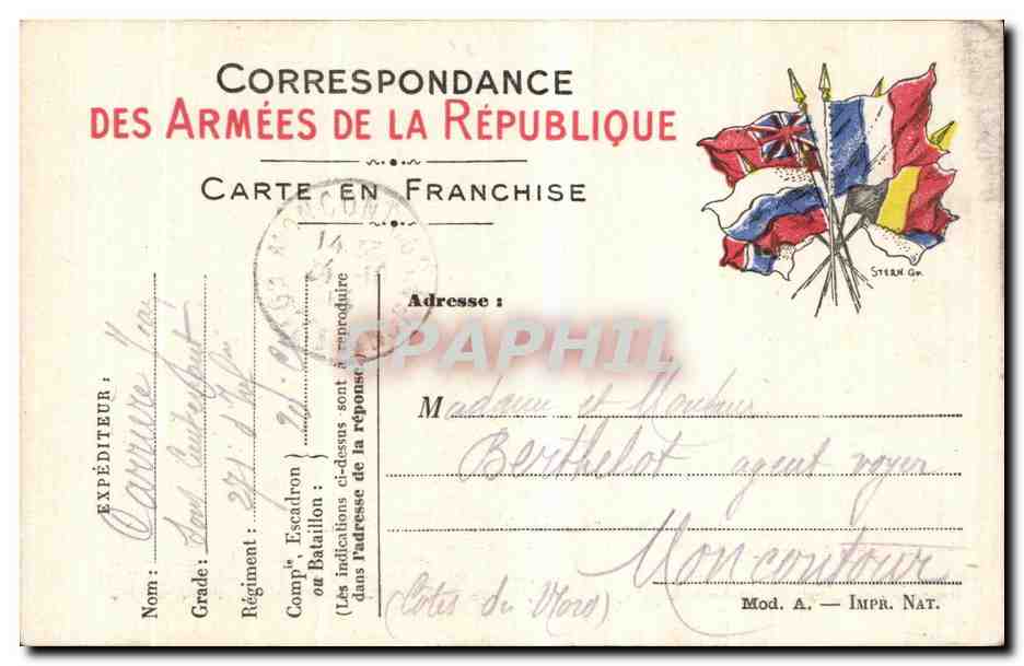 Carte de Franchise Militaire Berthelot Moncontour  — Rückseite