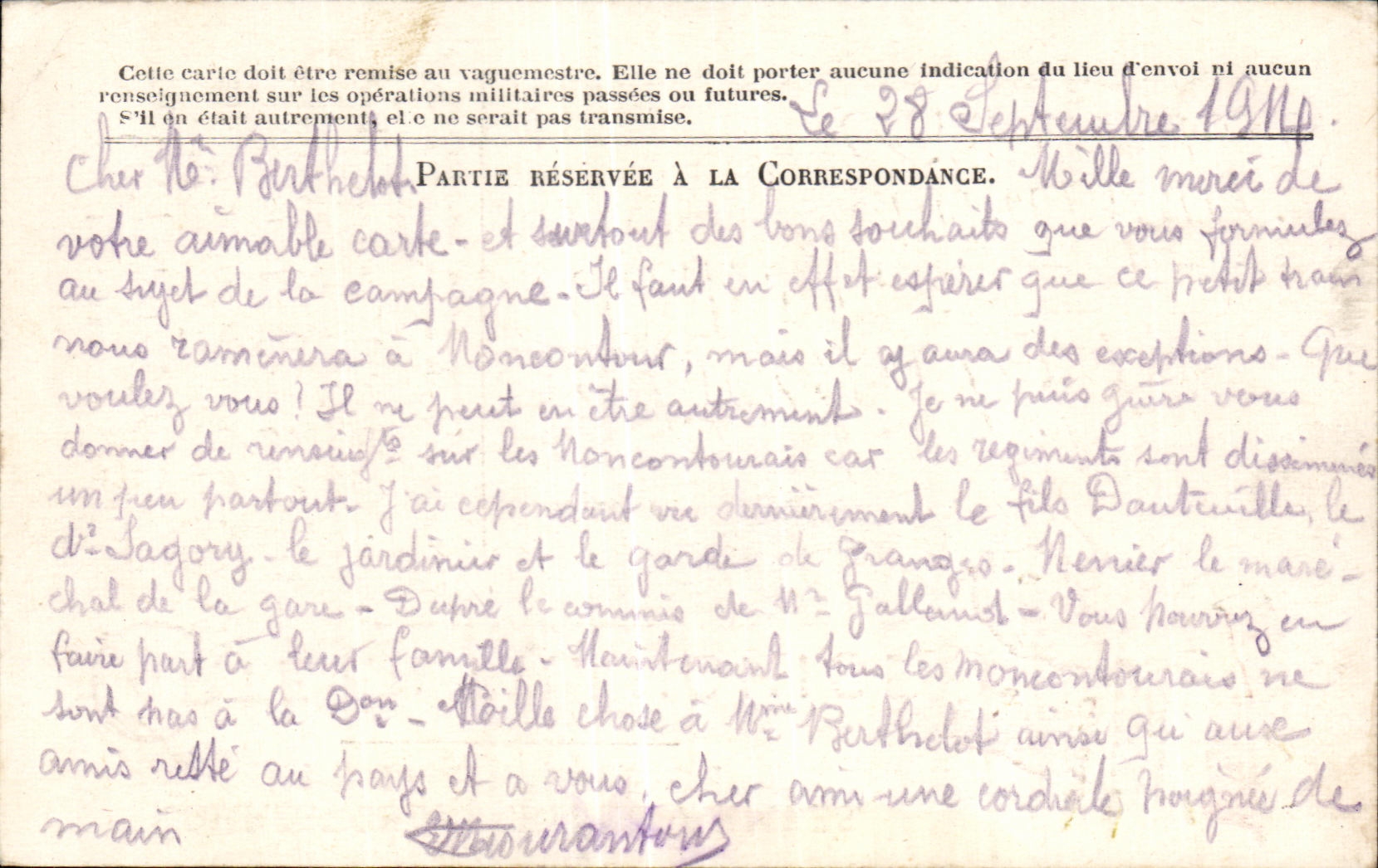 Carte de Franchise Militaire Berthelot Moncontour 