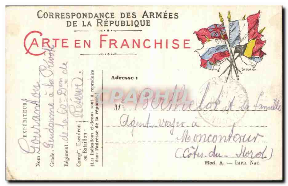 Carte de Franchise Militaire Berthelot Moncontour  — Rückseite