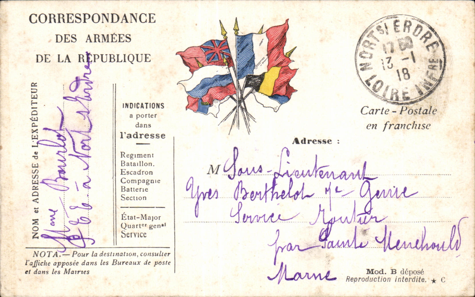 Carte de Franchise Militaire Berthelot Sainte Menehould 