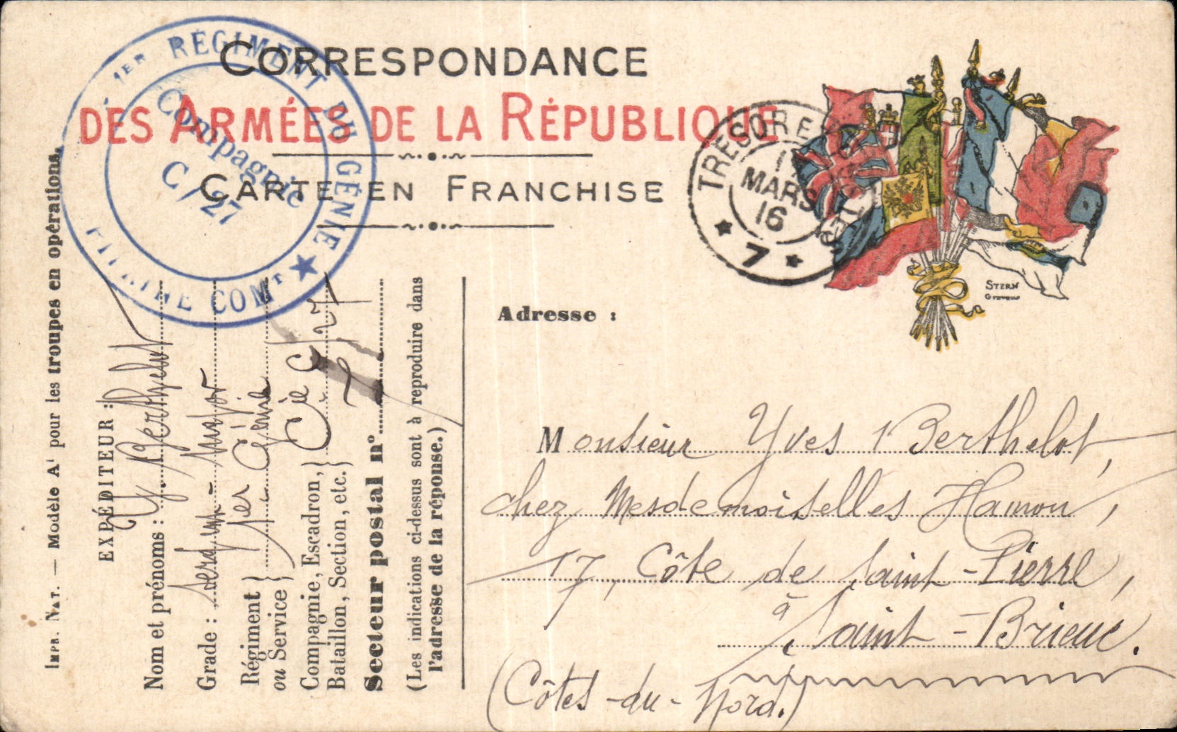 Carte de Franchise Militaire Berthelot Saint Brieuc