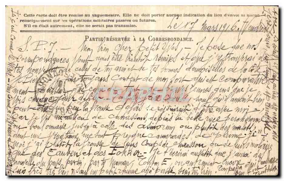 Carte de Franchise Militaire Berthelot Saint Brieuc — Rückseite