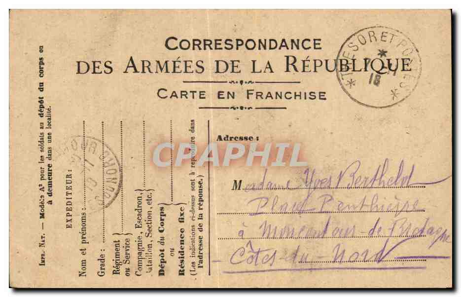 Carte de Franchise Militaire Berthelot Moncontour 