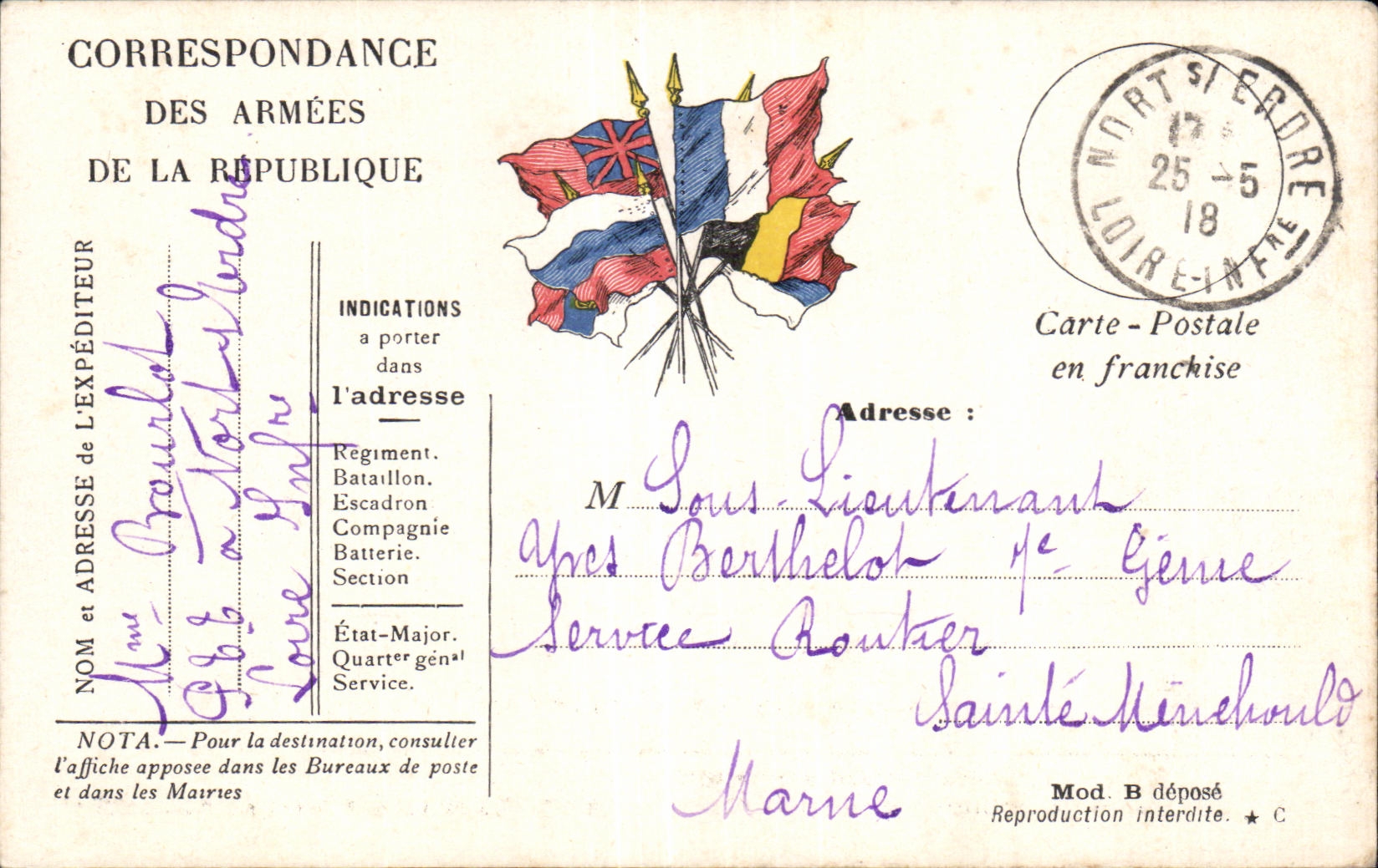 Carte de Franchise Militaire Berthelot Saint Menehould
