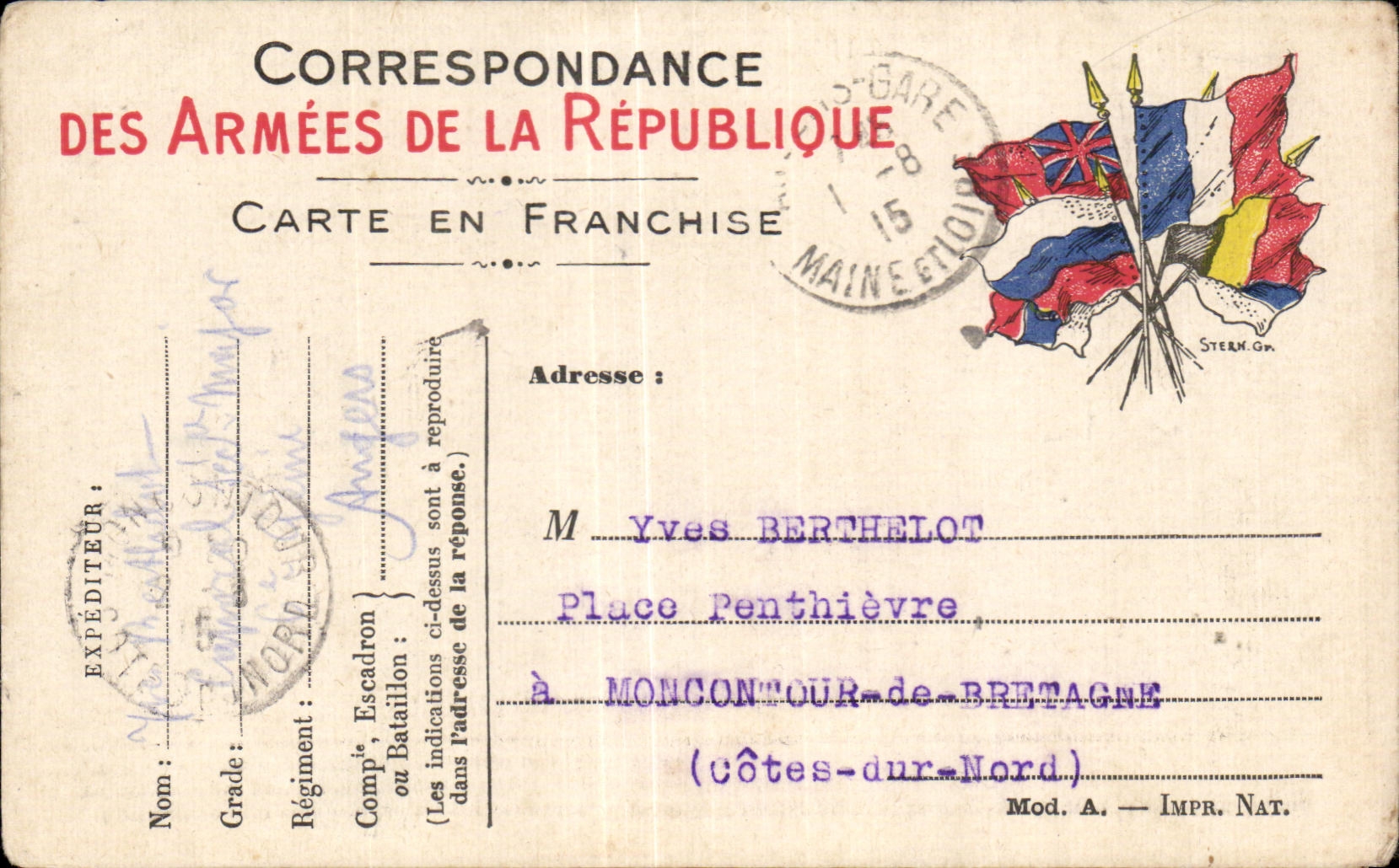 Carte de Franchise Militaire Berthelot Moncontour 