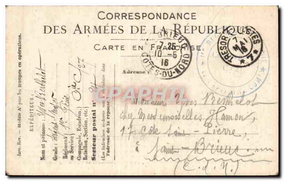Carte de Franchise Militaire Berthelot saint Brieuc