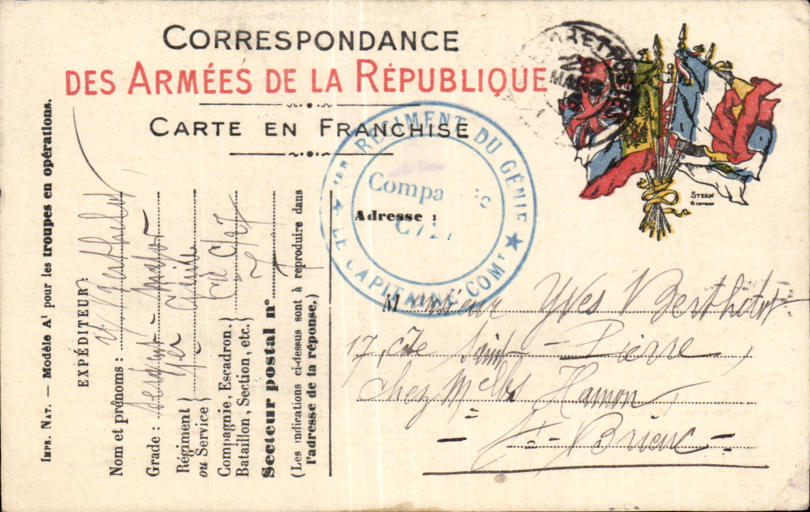 Correspondance des Armées de la République — Carte en franchise — 1er Régiment du Génie — Compagnie C — Capitaine Comte