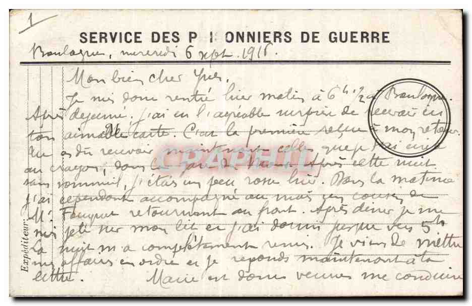 Carte de Franchise Militaire Carte de services des prisonniers de guerre Boulogne 1916 septembre 