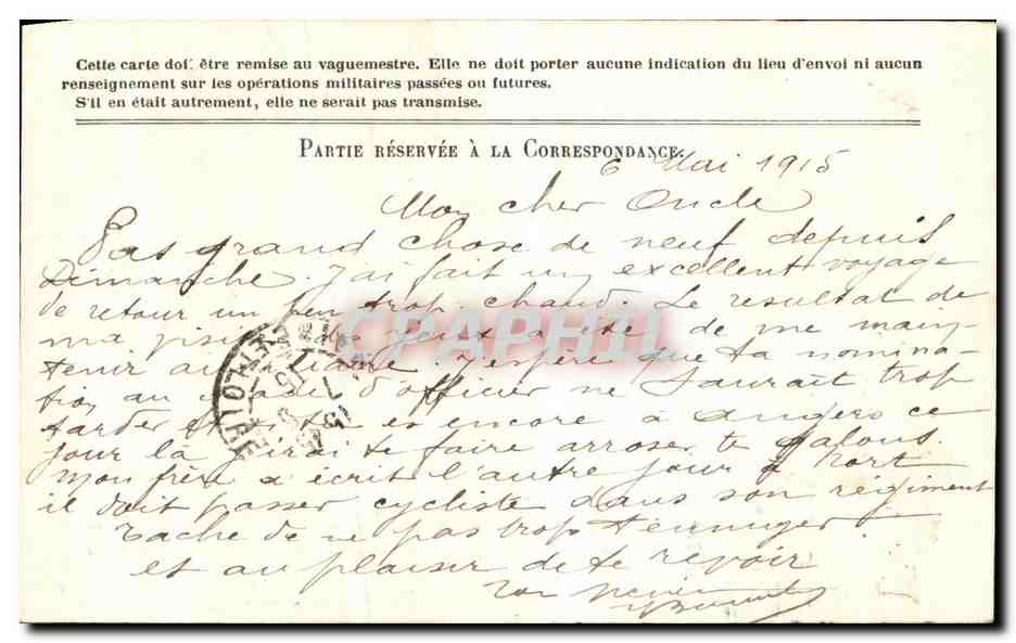 Correspondance des Armées de la République — Carte en franchise — 6 Mai 1915 — Angers — Rückseite