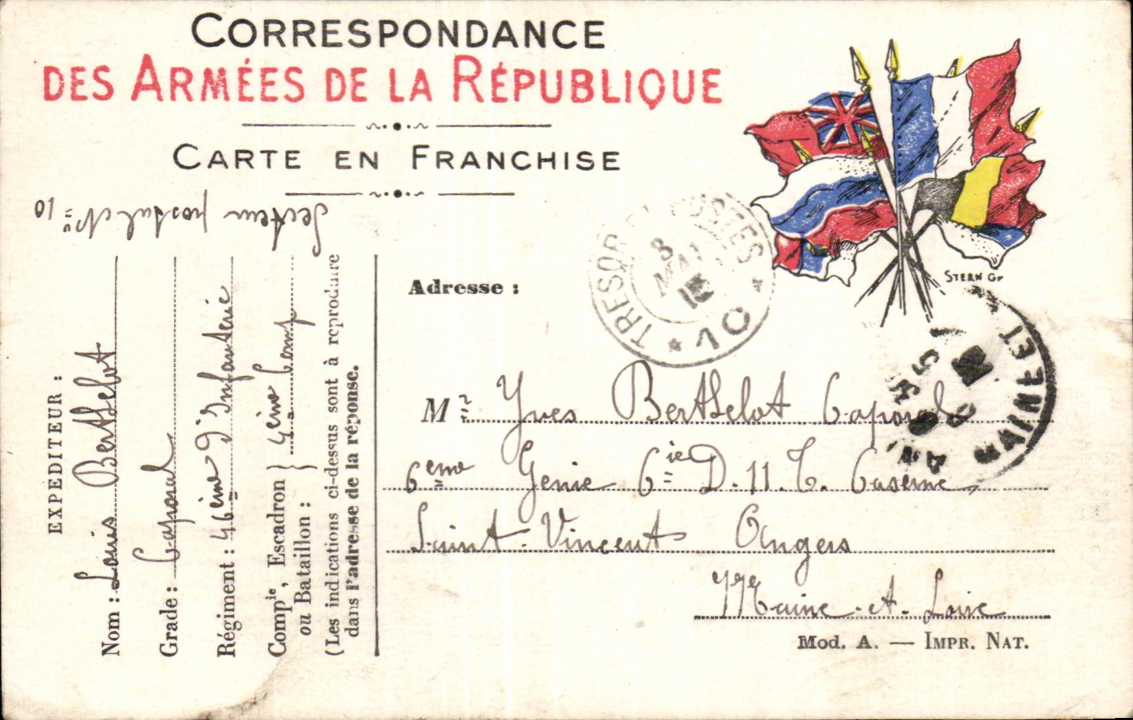 Correspondance des Armées de la République — Carte en franchise — Expéditeur : Louis Bertellet, 46ème Escadron, 2ème Bataillon — Destinataire : Mme Yvres Bertellet, Saint-Vincent, Guyane