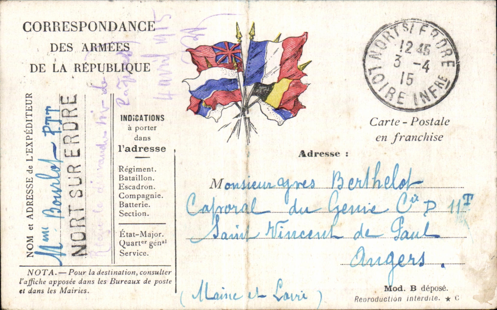 Carte de Franchise Militaire Berthelot Angers