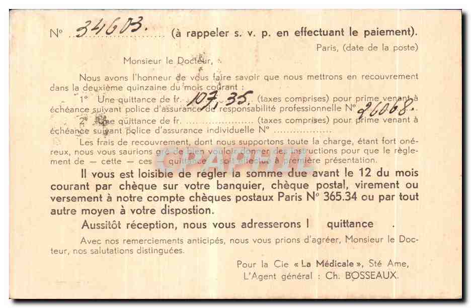 Carte La Medicale Compagnie d Assurances contre la Responsabillite Civile professionnelle et les accidents Paris  — Rückseite
