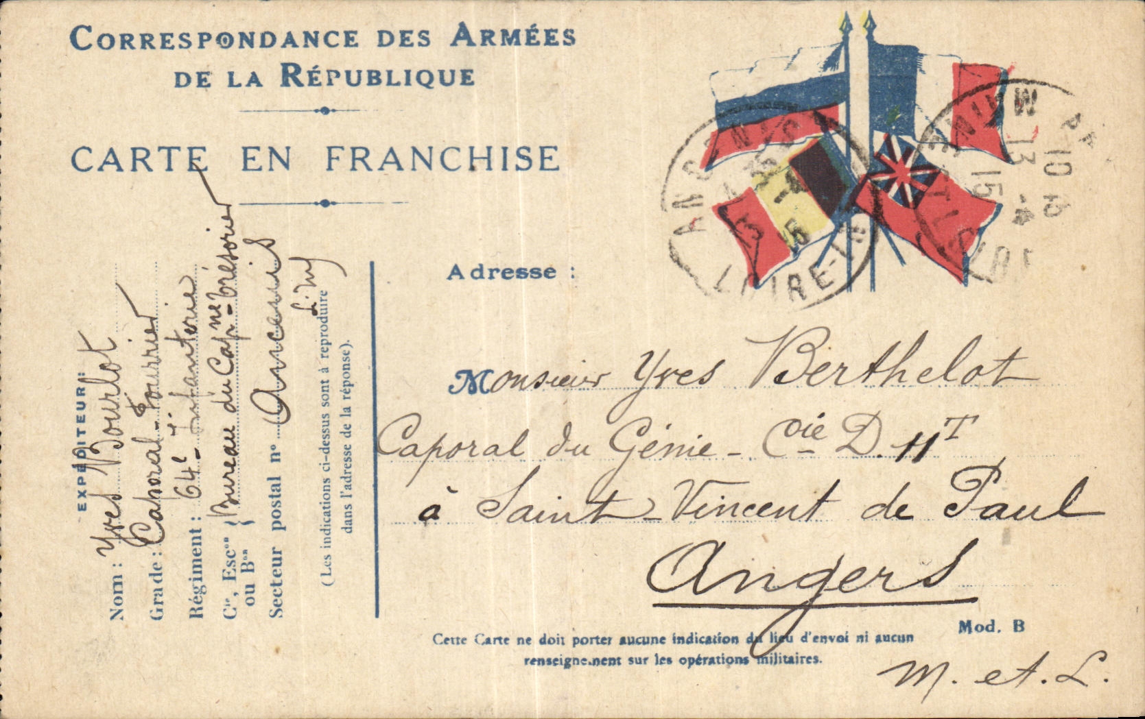 CPA Correspondance Des Armees De La Republique Carte En Franchise Berthelot Saint Vincent de Paul Angers