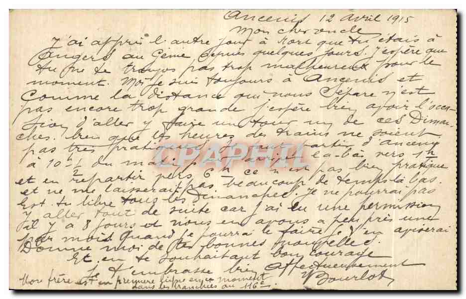 CPA Correspondance Des Armees De La Republique Carte En Franchise Berthelot Saint Vincent de Paul Angers — Rückseite