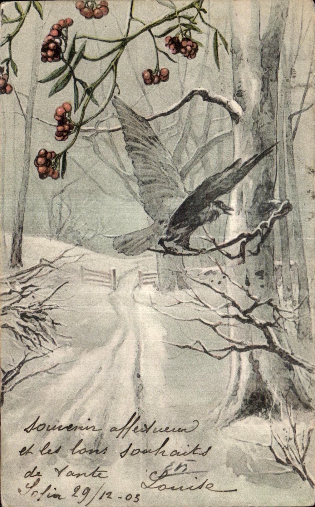 CPA Fantaisie Fleurs Corbeau Oiseau dans la neige 