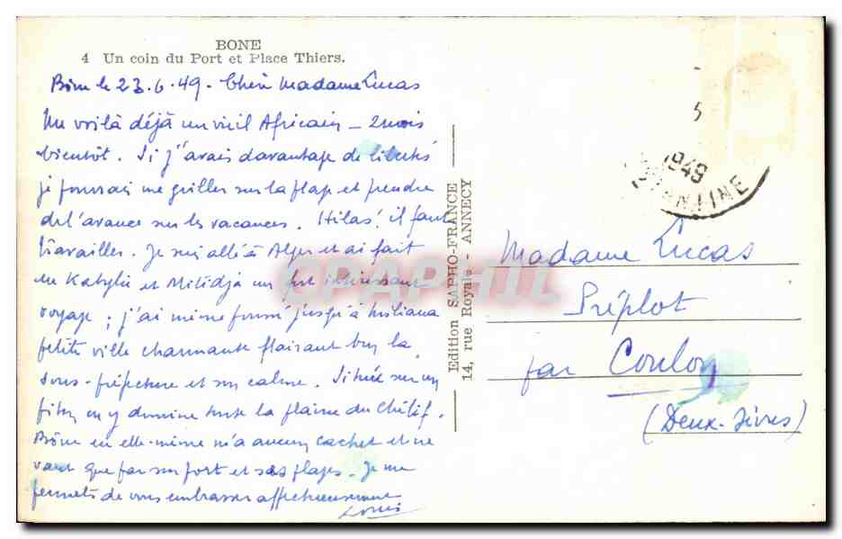 CPA Algerie Bone Un coin du Port et Place Thiers — Rückseite