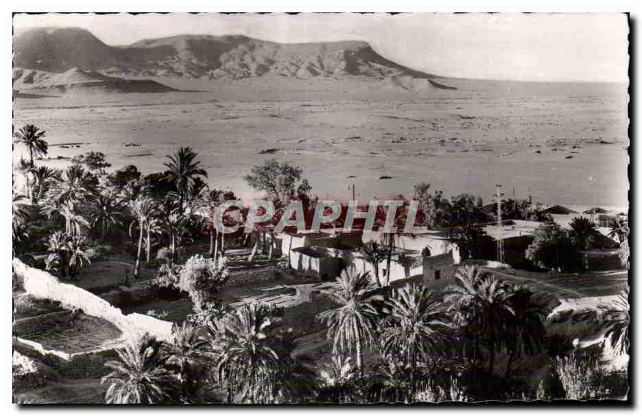 Vue aérienne d'un village oasien — désert et montagnes en arrière-plan — éditeur CPAPHIL, n° de série non lisible