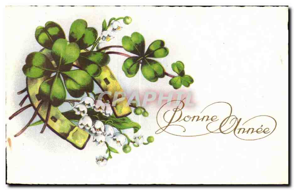 CPA Fantaisie Fleur Bonne annee Trefle Fer a cheval