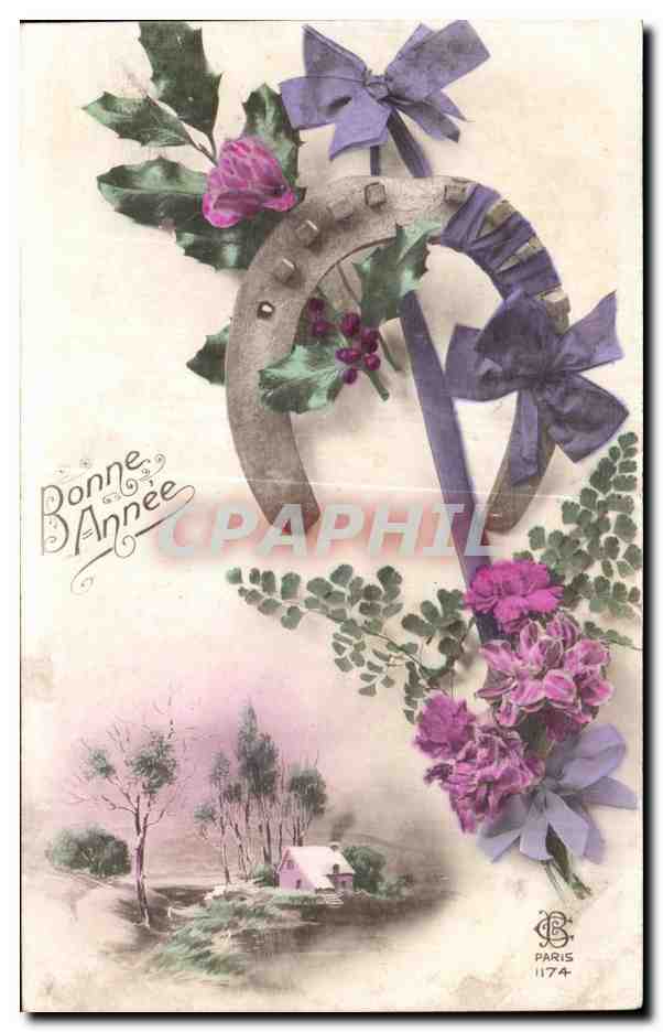 CPA Fantaisie Fleur Fer a cheval Bonne annee
