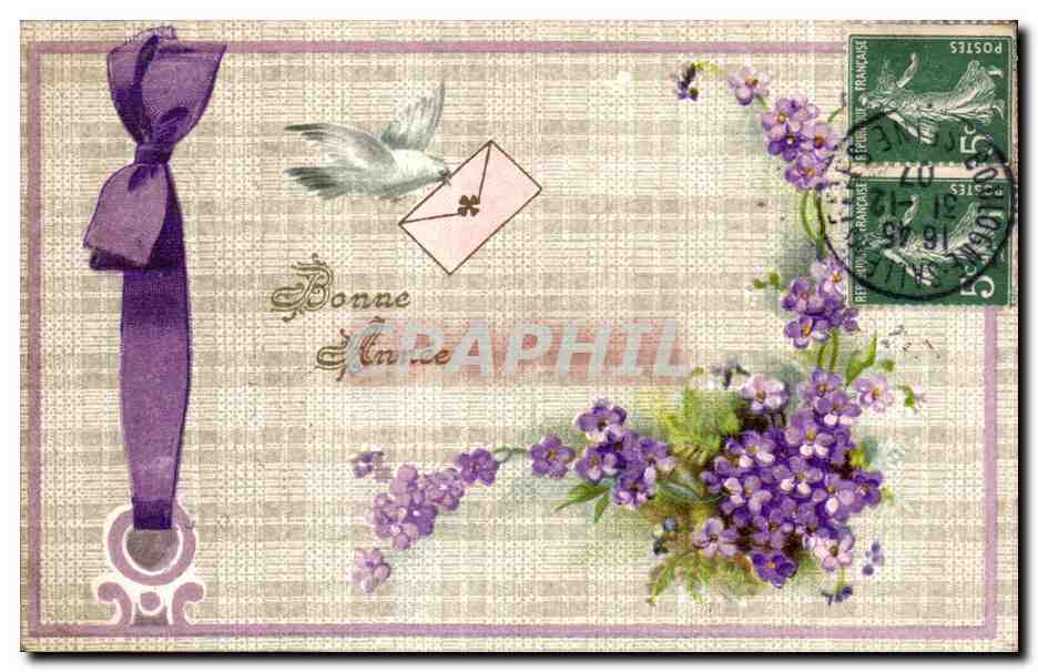 Bonne Année — oiseau portant une lettre — fleurs violettes — éditeur inconnu