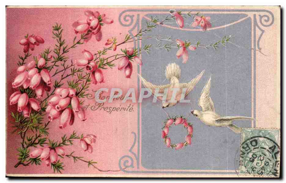 Deux colombes et fleurs de bruyère — Chaleur et Prospérité — éditeur non identifié