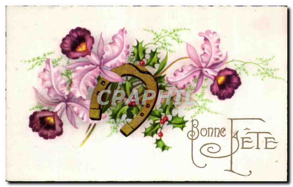 CPA Fantaisie Fleurs Bonne FETE Fer a cheval