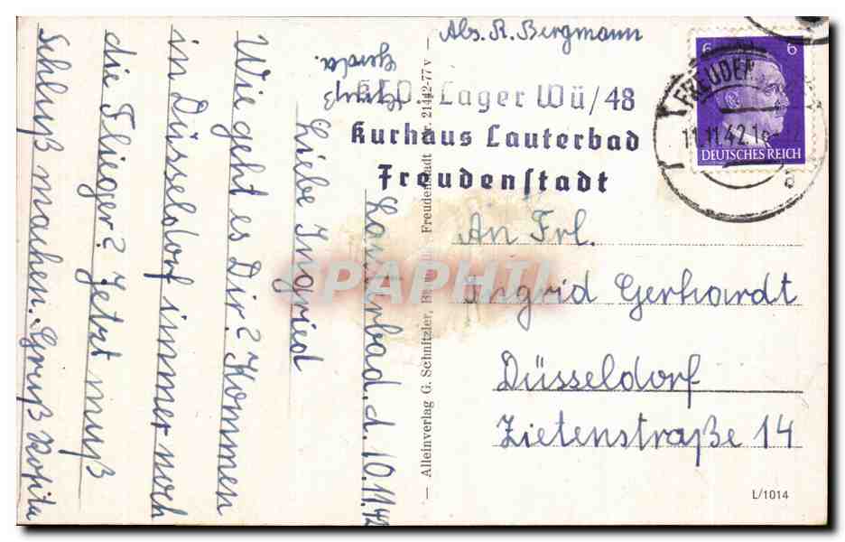 CPA Hohenluftkucoct Freudenstadt 749m u M Macktplatz mit Justitia Beunnen — Rückseite