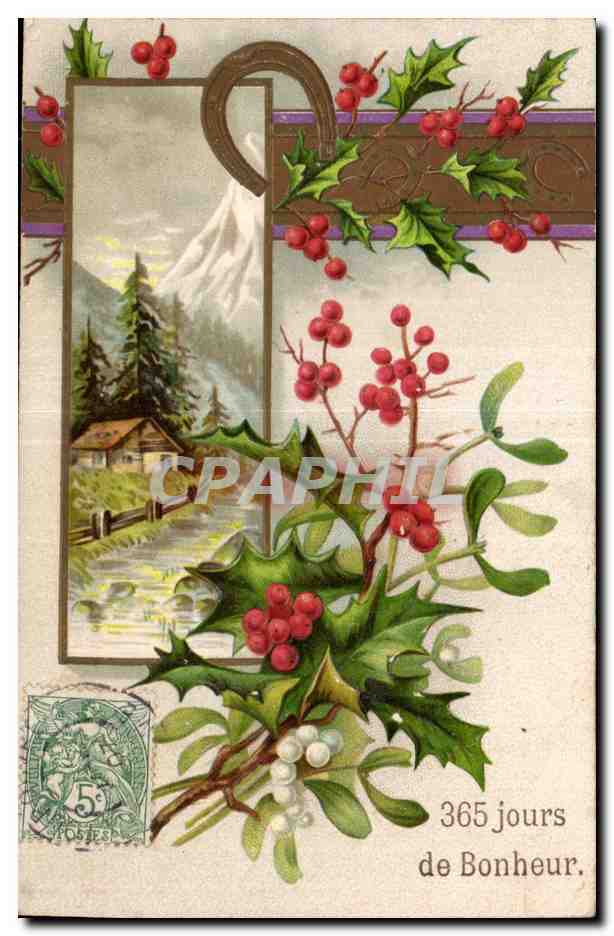 Montagne e chalet — decoro di ginepro e edera — testo '365 giorni di Felicità'
