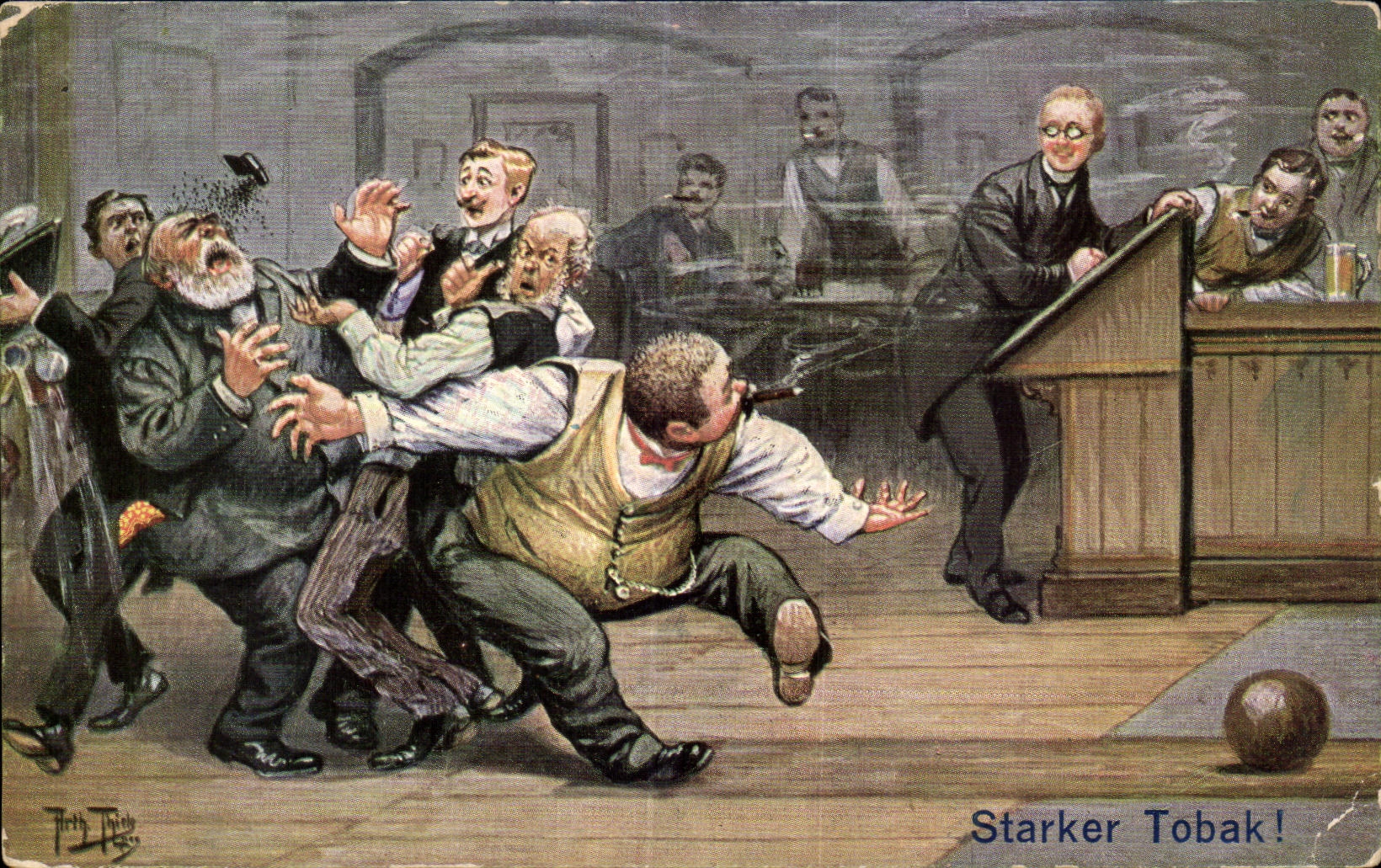 Szene eines Tabaklokals — Werbung für 'Starker Tobak' — Verlag T.S.N. Serie 1682 (6 Illustrationen)