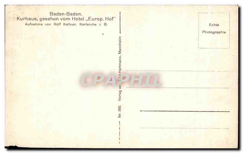 CPA Baden Baden Kurhaus gesehen vom hotel Europ hof — Rückseite