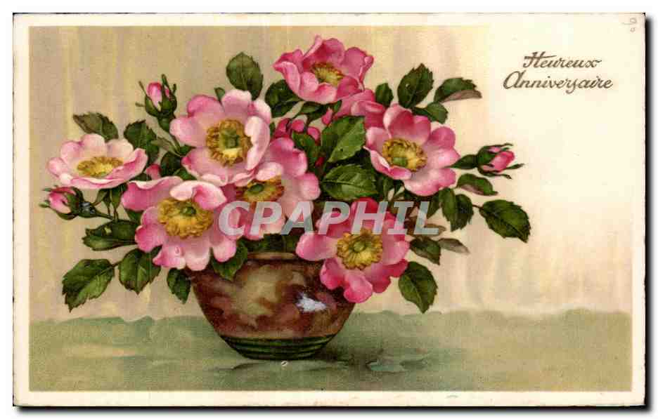 CPA Fantaisie Fleurs Heureux anniversaire
