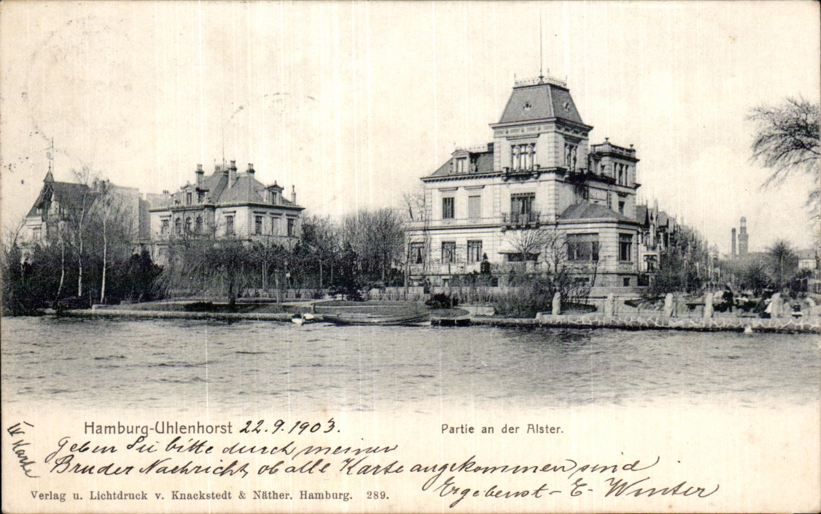 Hamburg-Uhlenhorst — Teil der Alster — Verlag u. Lichtdruck v. Knackstedt & Näther, 289