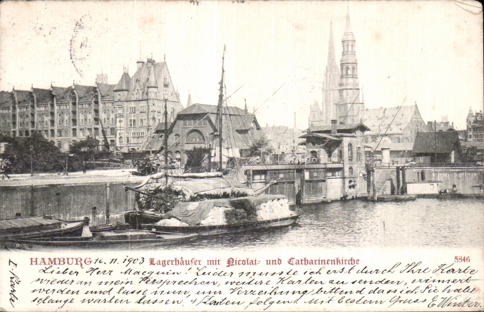 Hamburg — Lagerhäuser mit Nicolai- und Catharinenkirche — unbekannter Verlag, Nr. 5846
