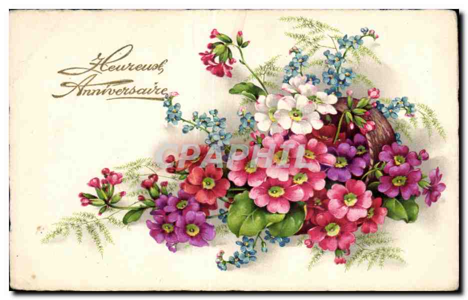 Bouquet de fleurs colorées — Félicitations d'anniversaire — Carte postale ancienne
