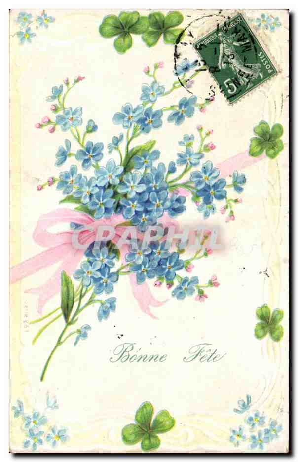 Bouquet de myosotis — orné de trèfles — éditeur inconnu