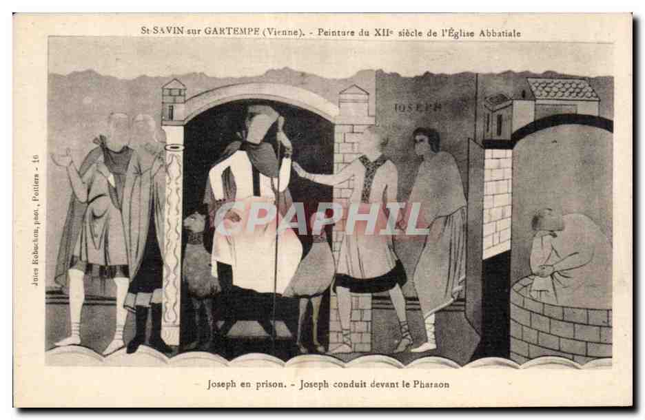 St-Savin-sur-Gartempe (Vienne) — Peinture du XIIe siècle de l'Église Abbatiale — Joseph en prison — Joseph conduit devant le Pharaon