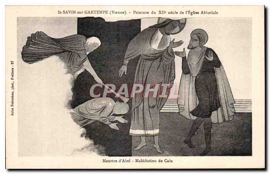 St-Savin-sur-Gartempe — Peinture du XIIe siècle de l'Église Abbatiale — Meurtre d'Abel - Malédiction de Caïn